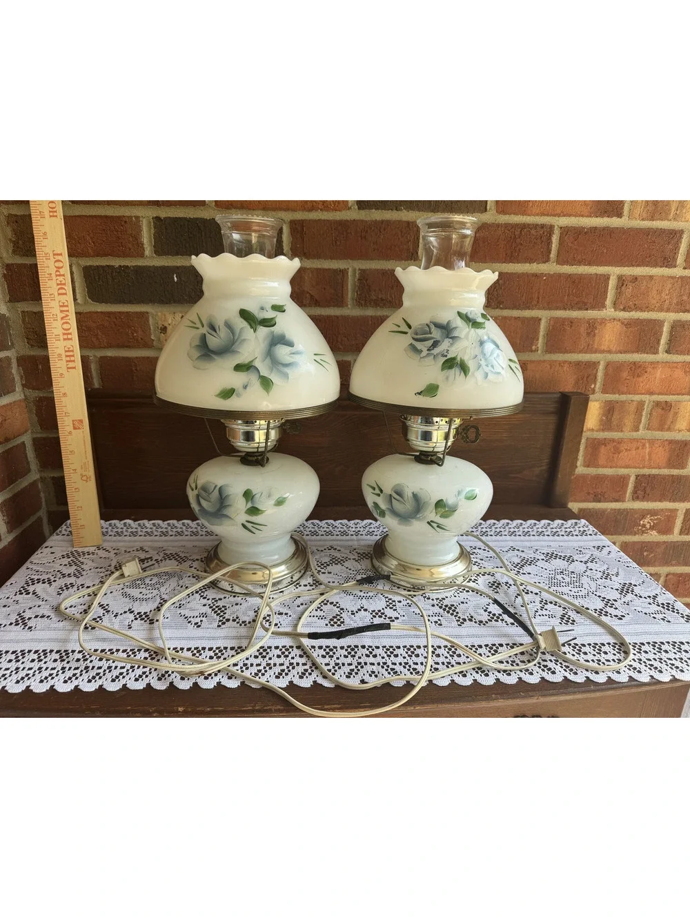 Pair of Vintage Electric Glass Hurricane Table Lamps with Floral Design